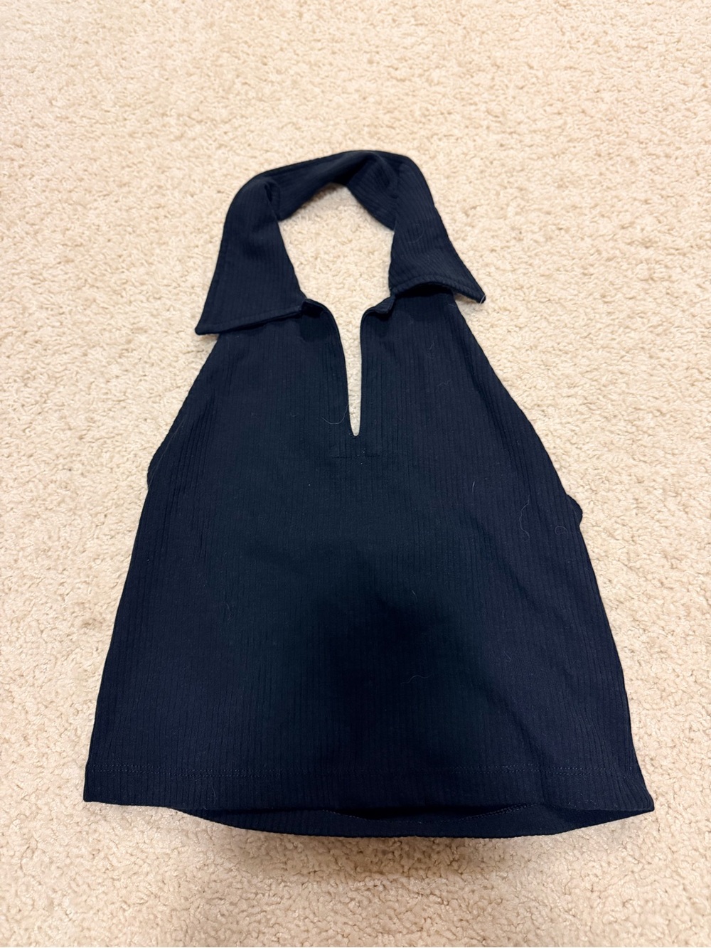 Ribbed Black Halter Tank with Fold-Over Collar